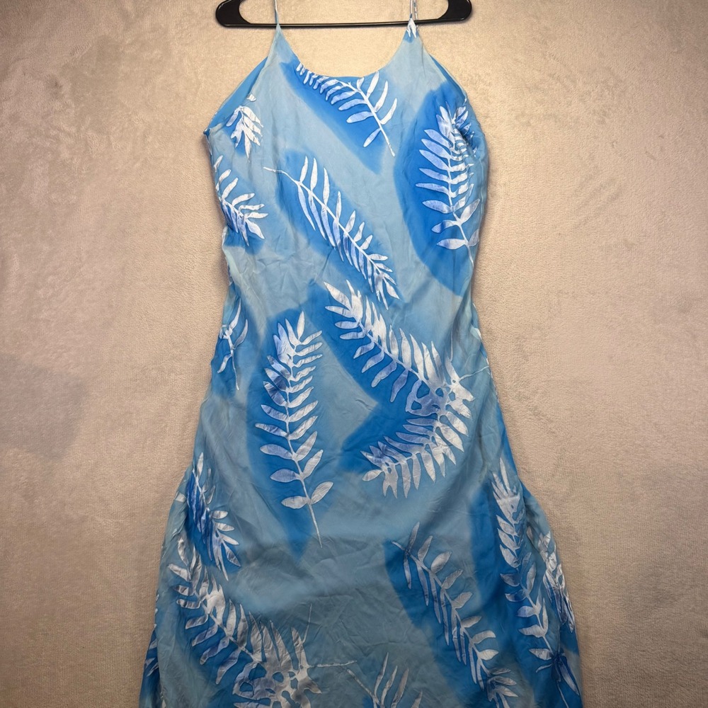 Silk Blue Tropical Fern Leaf Batik Print Maxi Slip Dress XXL Sleeveless Resort